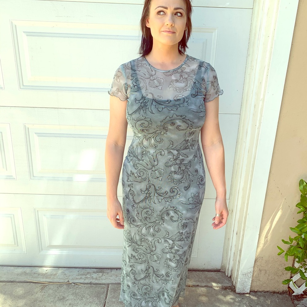 Vintage 90s Green patterned see through maxi dress